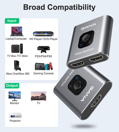 HDMI Switch 4K HDMI Splitter - Gana Prime Aluminum Bi-Directional HDMI Switcher 1 in 2 Out (Single Display) or 2 Input 1 Output, Supports 4K 3D HD 1080P for Xbox PS4 Roku HDTV etc. （Grey…