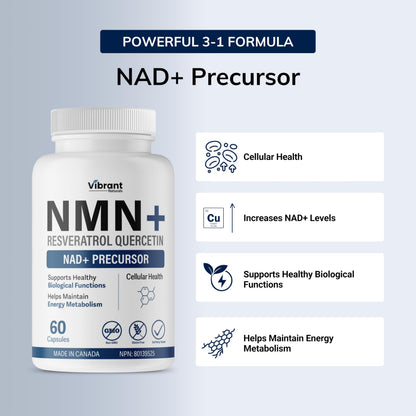 NMN w/Quercetin & Resveratrol For Enhanced NAD+ Levels - More Effective Than NMN Alone, High Purity 99% Nicotinamide Mononucleotide & Resveratrol For Cellular Health, NAD Supplement, 60 Capsules - Available at All In One Marketplace Canada