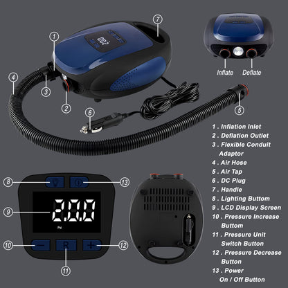 Paddle Board Pump, SUP Electric Air Pump, Portable 20 PSI Air Compressor, Auto-Off Inflation & Deflation Function with 12V DC Car Cigarette Lighter for Paddle Board,Inflatable Sups, Kayaks and Boats