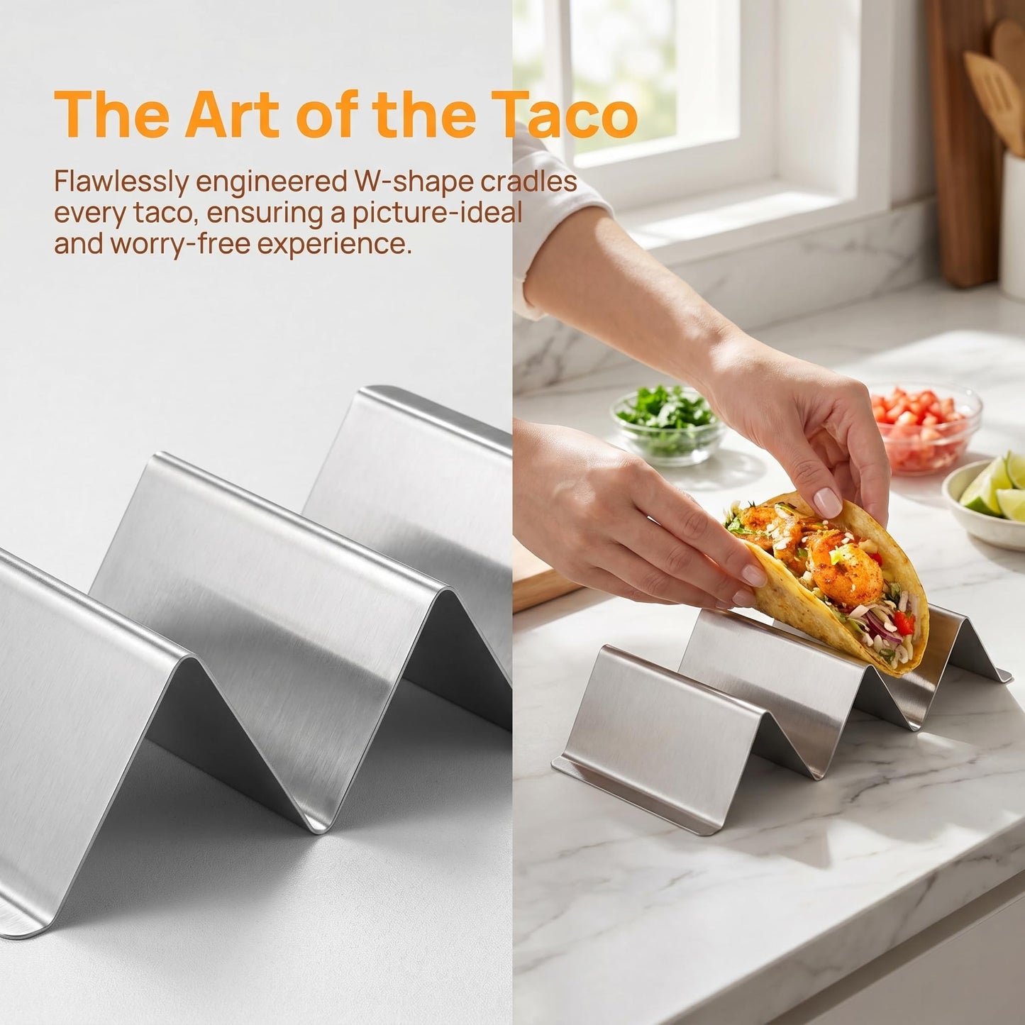 Bekith Stainless Steel Taco Holder Stand 6 Pack, Taco Holder Stand Tray with Handles, Up to 3 Tacos Each Keeping Shells Upright, Stylish Taco Shell Holders, Oven, Grill and Dishwasher Safe - Available at All In One Marketplace Canada