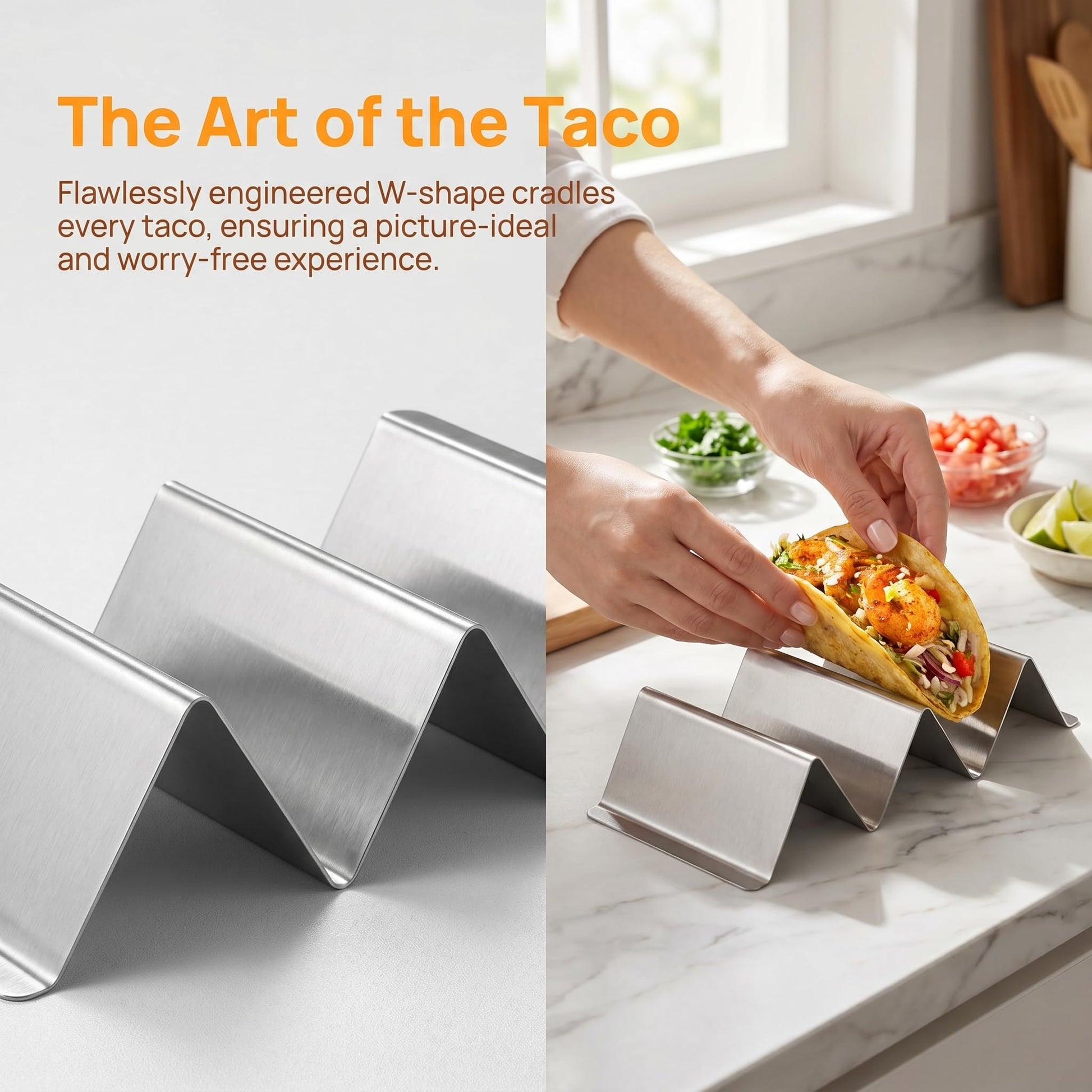 Bekith Stainless Steel Taco Holder Stand 6 Pack, Taco Holder Stand Tray with Handles, Up to 3 Tacos Each Keeping Shells Upright, Stylish Taco Shell Holders, Oven, Grill and Dishwasher Safe - Available at All In One Marketplace Canada