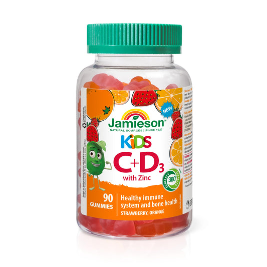 Jamieson Kids Immune Gummies with Vitamin C, Vitamin D & Zinc, 90 Gummies, Strawberry and Orange Flavours, Supports Immune Health, Strong Teeth and Bones, Helps in Wound Healing. Vegetarian, Non-GMO - Available at All In One Marketplace Canada