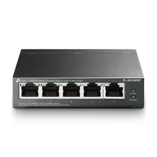 TP-Link 5–Port Gigabit PoE Switch, 4 PoE+ Ports @65W, Fanless, Black (TL-SG1005P)