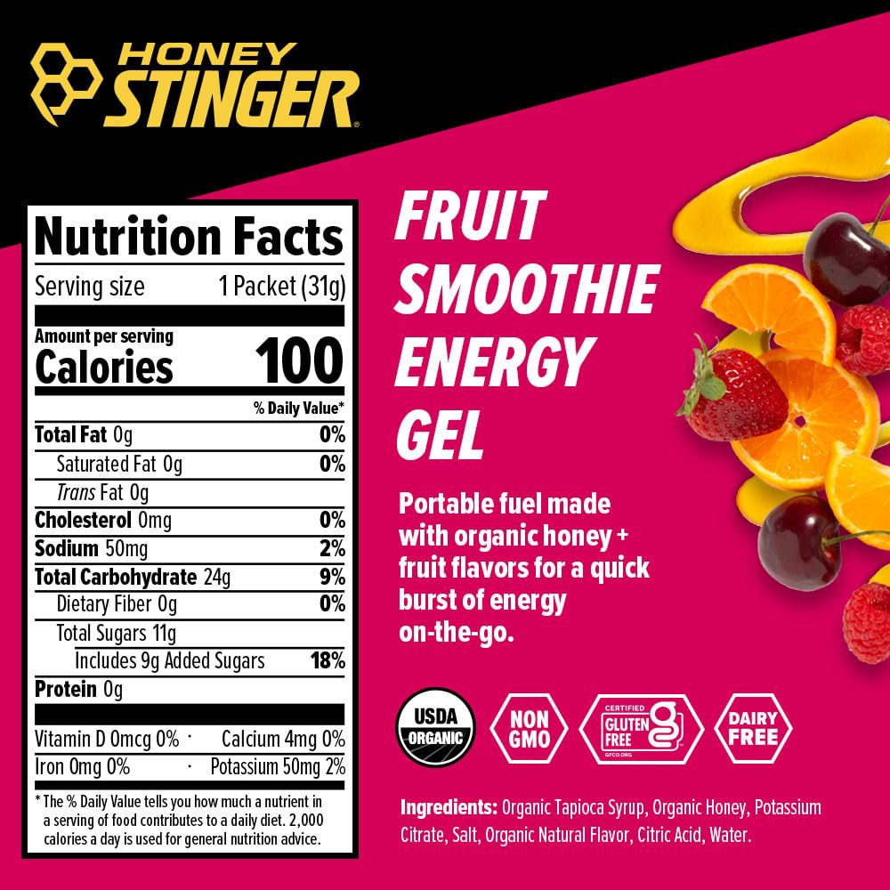 Honey Stinger Organic Fruit Smoothie Energy Gel – 12 Pack | Gluten Free, Caffeine Free Sports Nutrition
