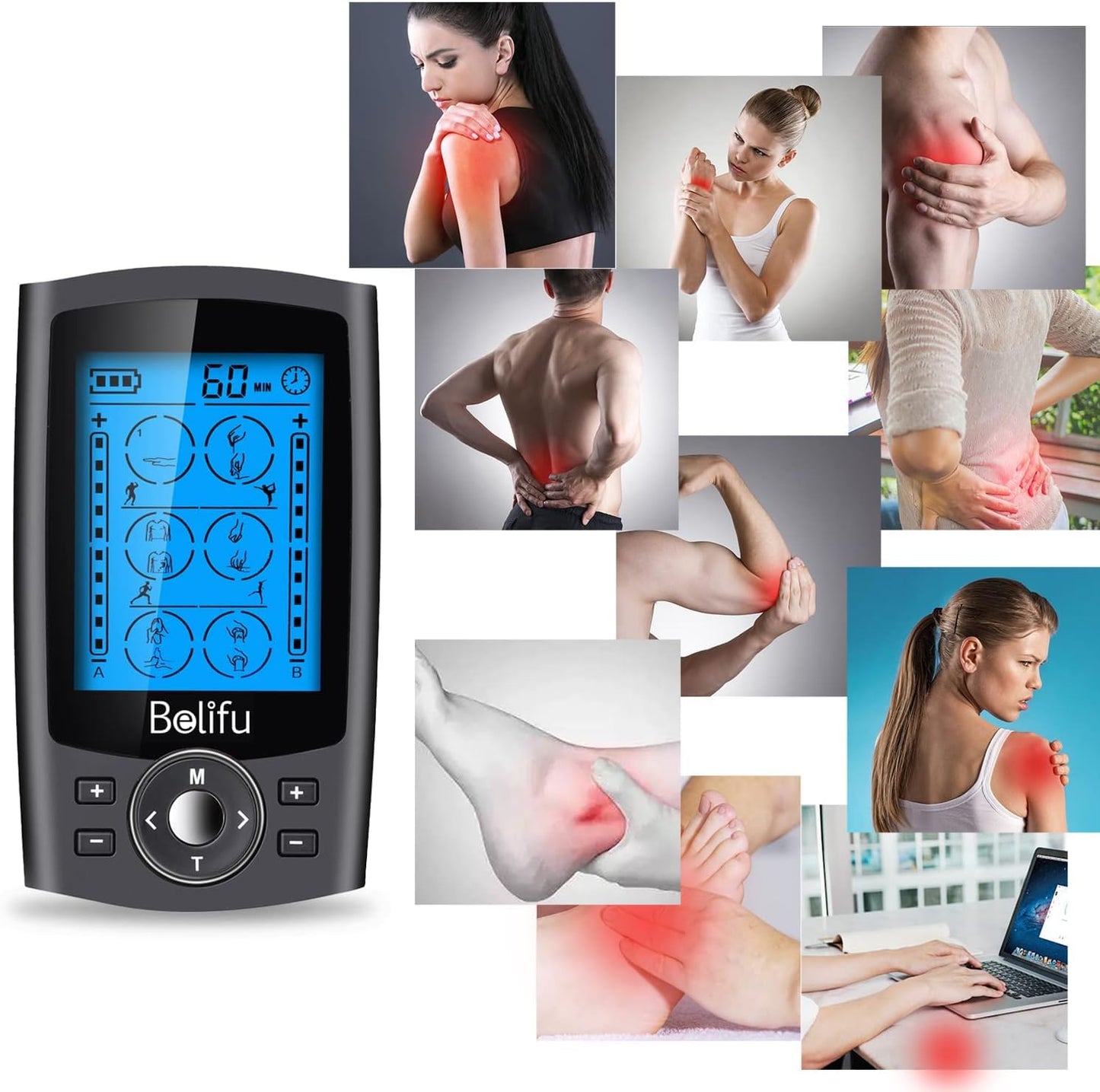 Belifu Dual Channel TENS EMS Unit with 12 Pads, 24 Modes Muscle Stimulator, Electronic Pulse Massager Muscle Massager for Pain Relief Therapy, Fastening Cable Ties, Dust-Proof Drawstring Storage Bag - Available at All In One Marketplace Canada