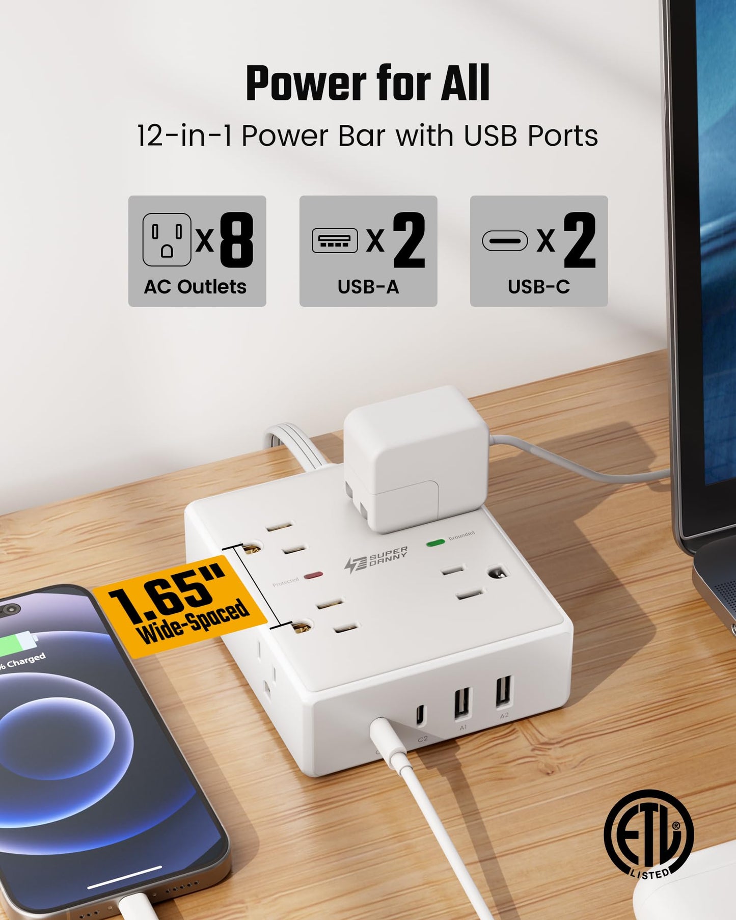 Surge Protector Power Bar, SUPERDANNY 10 Ft Extension Cord with 8 Outlets & 4USB Ports (2 USB 2 C), Mountable Flat Plug Power Strip, Surge Protection for Home, Office, Dorm