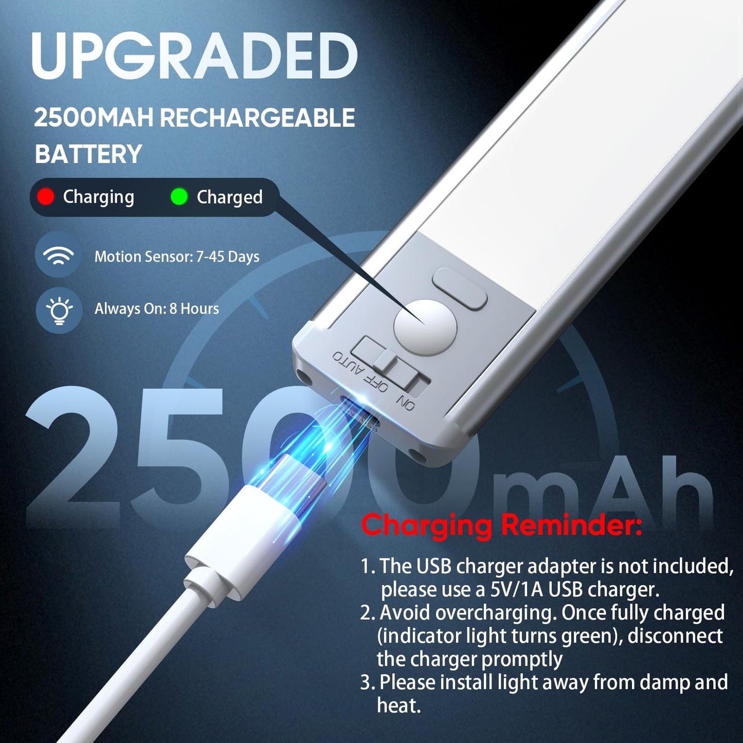 MCGOR Under Cabinet Lighting, 14.7" Rechargeable Motion Sensor Light Indoor, 2 Pack Magnetic Dimmable Closet Lights, Wireless Under Counter Lights for Kitchen, Stairs,Hallway
