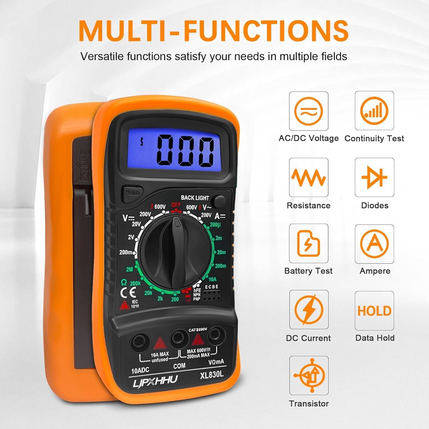 Digital Multimeter Voltmeter Battery Voltage Multi Tester AC DC Volt OHM Amp Current Meter Circuit Continuity Resistance Diode Electrical Tester with Test Leads Backlight LCD Display