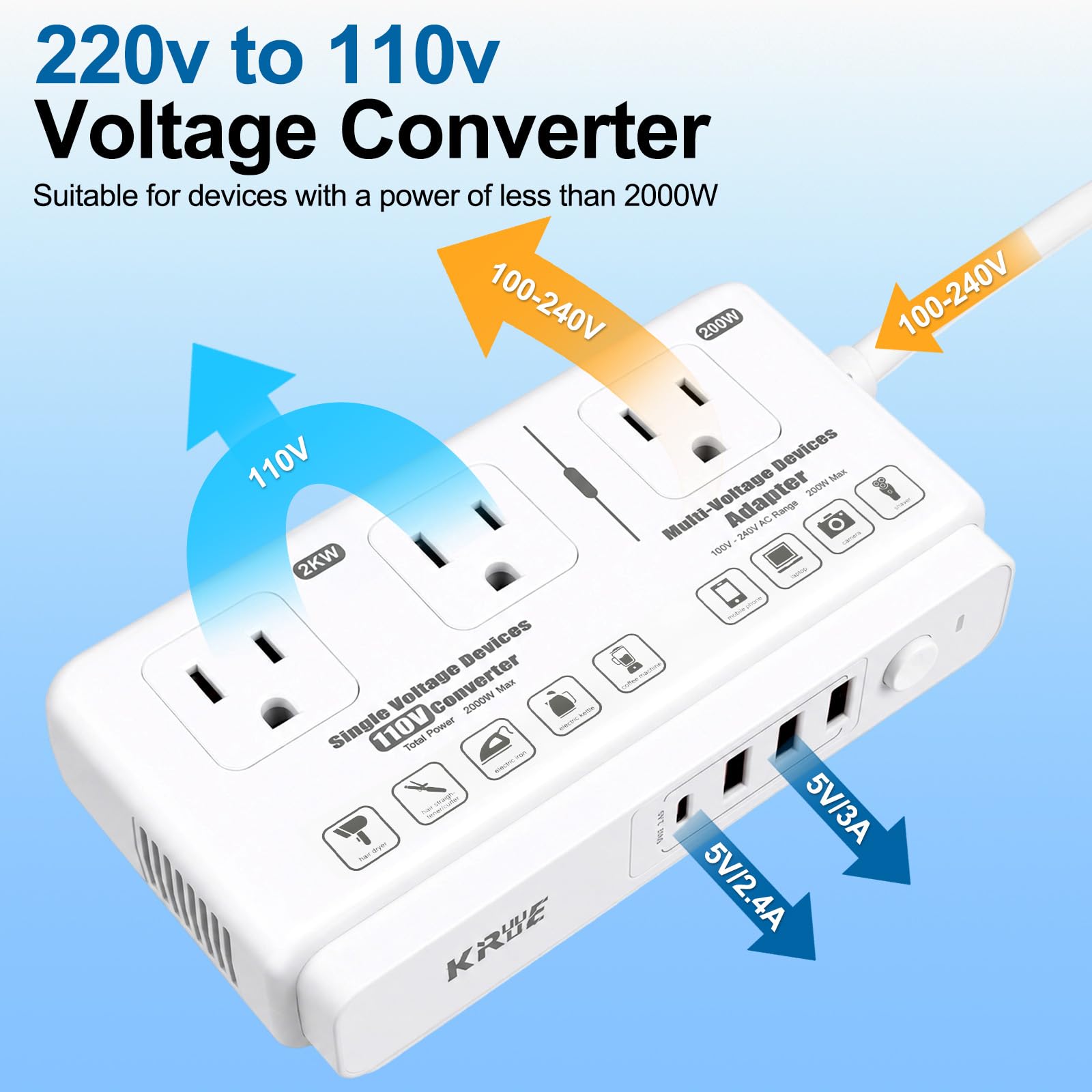 220v to 110v Travel Voltage Converter: International Universal Voltage Converter US to Europe Power Strip Plug Transformer - 2000W Electric Hair Dryer Step Down Outlet Converters for European UK EU