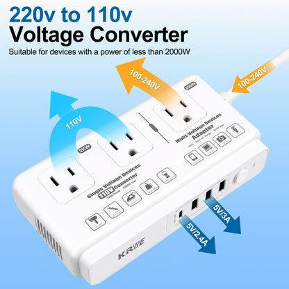 220v to 110v Travel Voltage Converter: International Universal Voltage Converter US to Europe Power Strip Plug Transformer - 2000W Electric Hair Dryer Step Down Outlet Converters for European UK EU