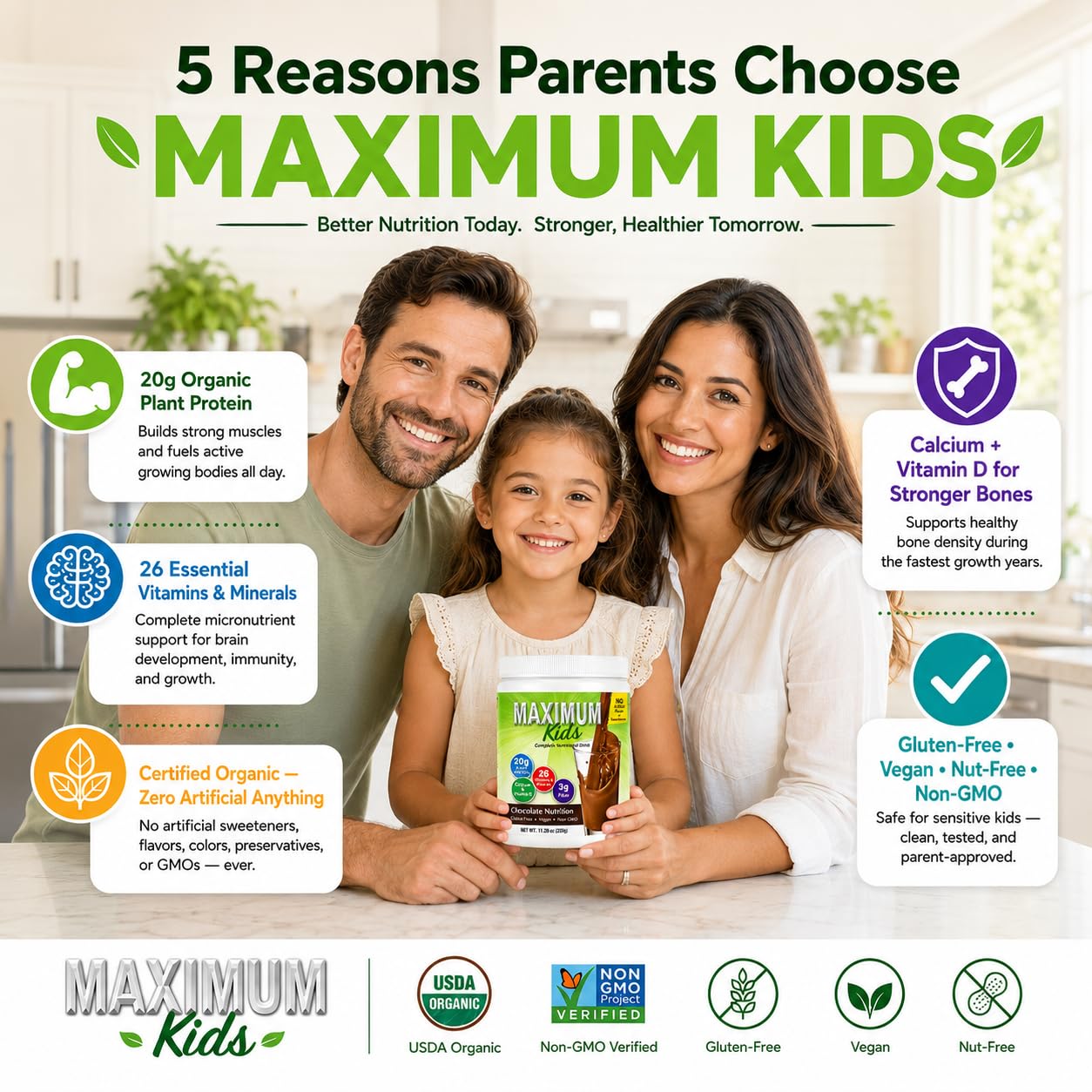 Maximum Kids Complete ORGANIC Powder Mix - Great TASTING, EASY to use, complete nutritional drink with 26 vitamins & Minerals, 20g of Plant Protein, 3g of Fiber. Kid TESTED! Parents APPROVED! - Available at All In One Marketplace Canada