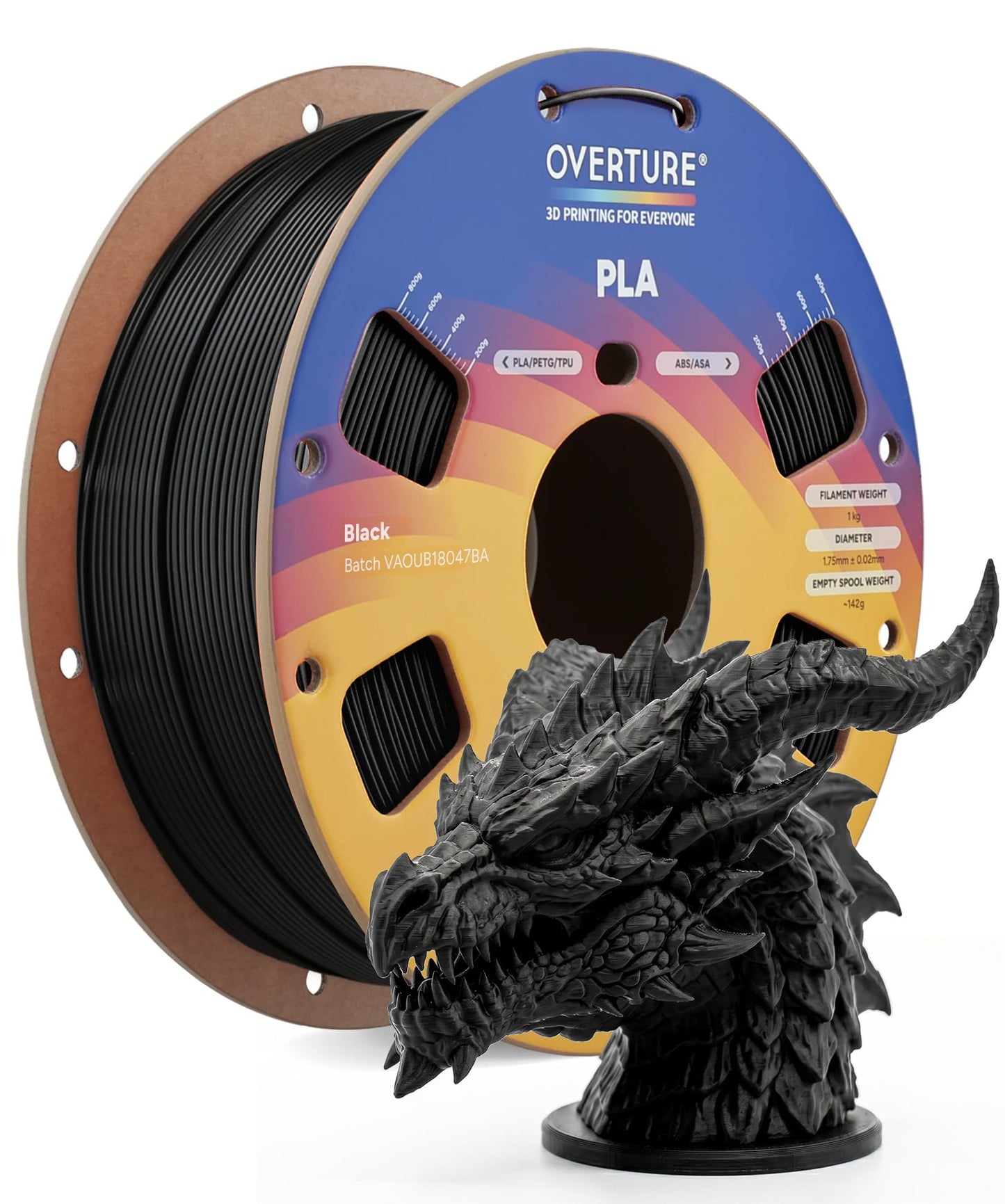 OVERTURE PLA Filament 1.75mm PLA 3D Printer Filament, 1kg Cardboard Spool (2.2lbs), Dimensional Accuracy +/- 0.02mm, Fit Most FDM Printer (Black 1-Pack)