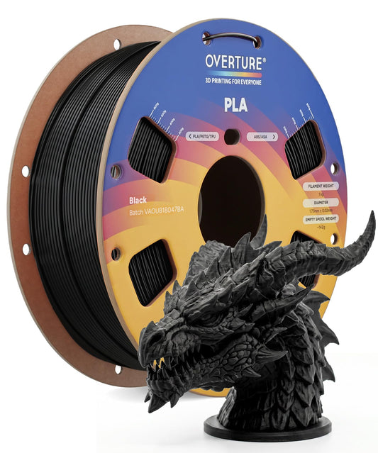 OVERTURE PLA Filament 1.75mm PLA 3D Printer Filament, 1kg Cardboard Spool (2.2lbs), Dimensional Accuracy +/- 0.02mm, Fit Most FDM Printer (Black 1-Pack)