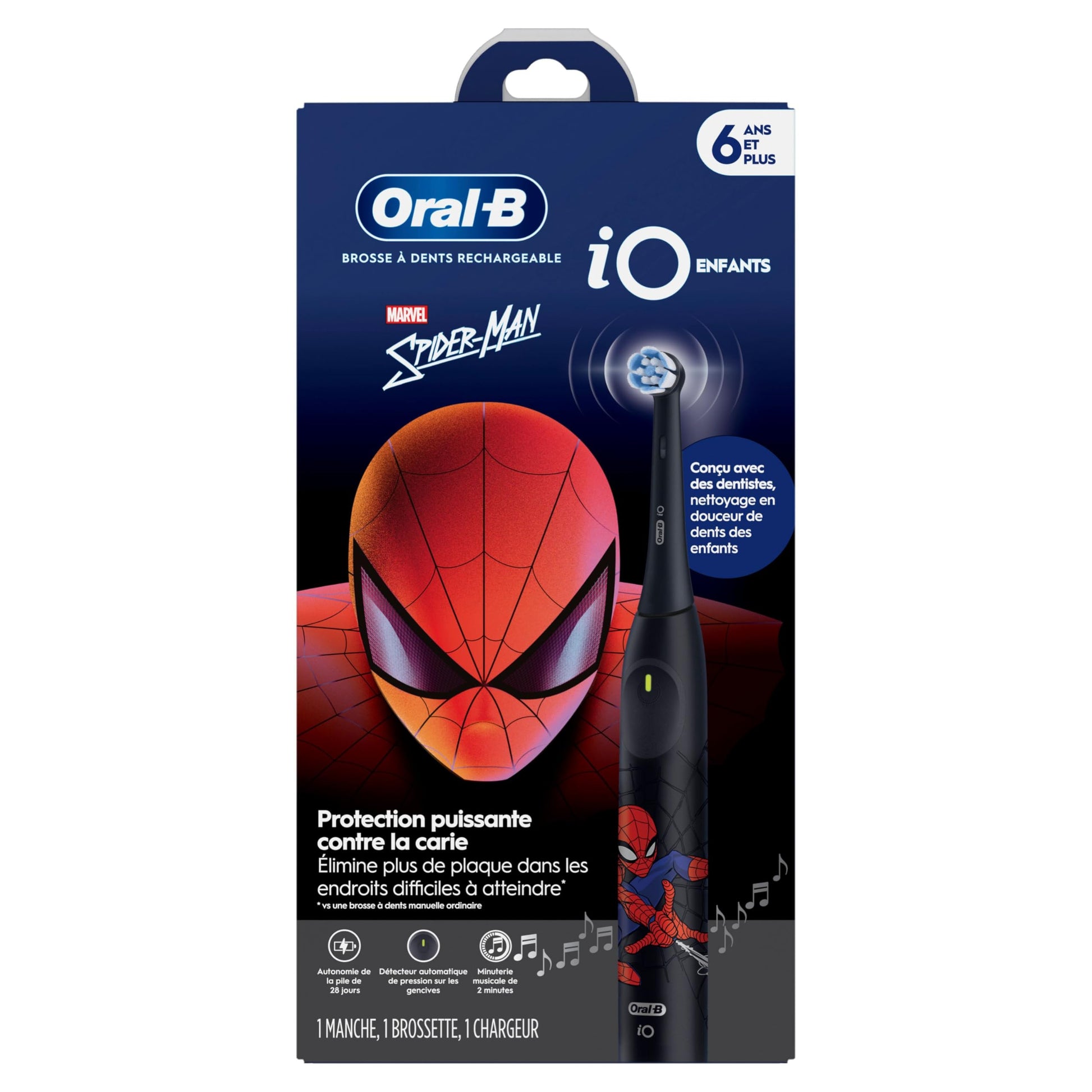 Oral-B iO Kids Rechargeable Electric Powered Toothbrush, Spiderman with 1 Gentle Care Brush Head - Automatic Pressure Sensor to Protect Gums - 3 Cleaning Settings - 2 Min Music Timer - 28 Day Battery Life - Available at All In One Marketplace Canada