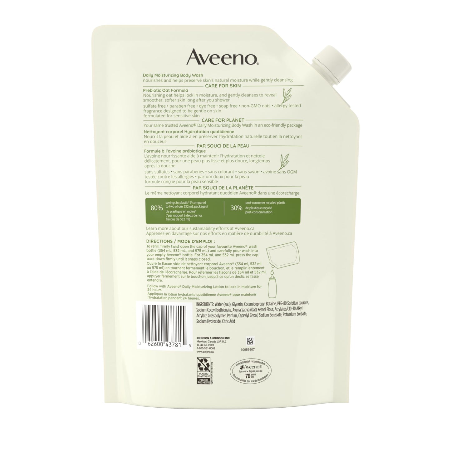 Aveeno Daily Moisturizing Body Wash for Dry & Sensitive Skin with Prebiotic Oat, Hydrating Oat Body Wash Nourishes Dry Skin & Gently Cleanses, Light Fragrance, Sulfate-Free, 1.06L, Refill Pack 🍁 All In One Marketplace Canada