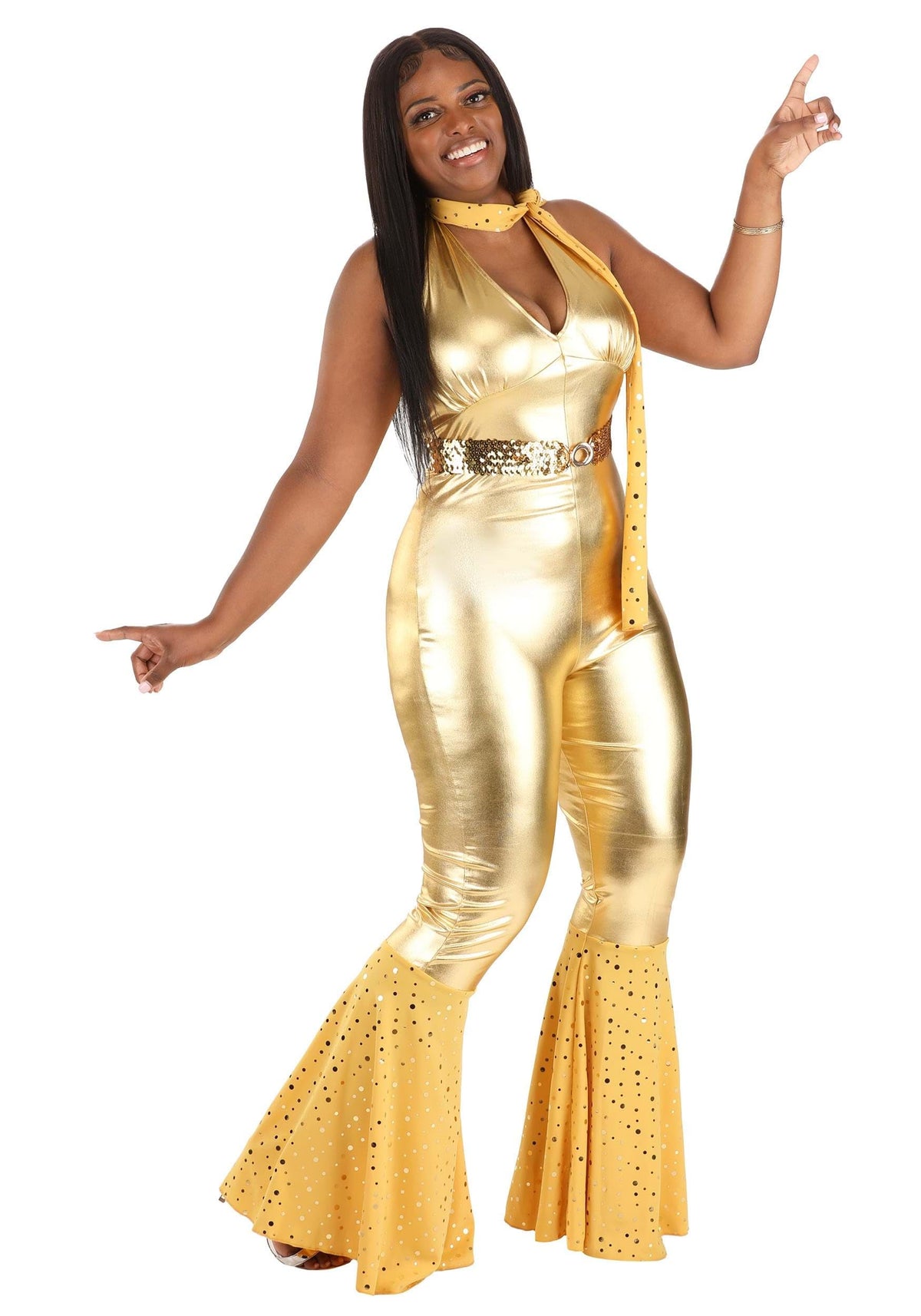 Dreamgirl Womens 70s Disco Costume, Adult Retro Gold Jumpsuit, Disco Fox Halloween Costume X-Large