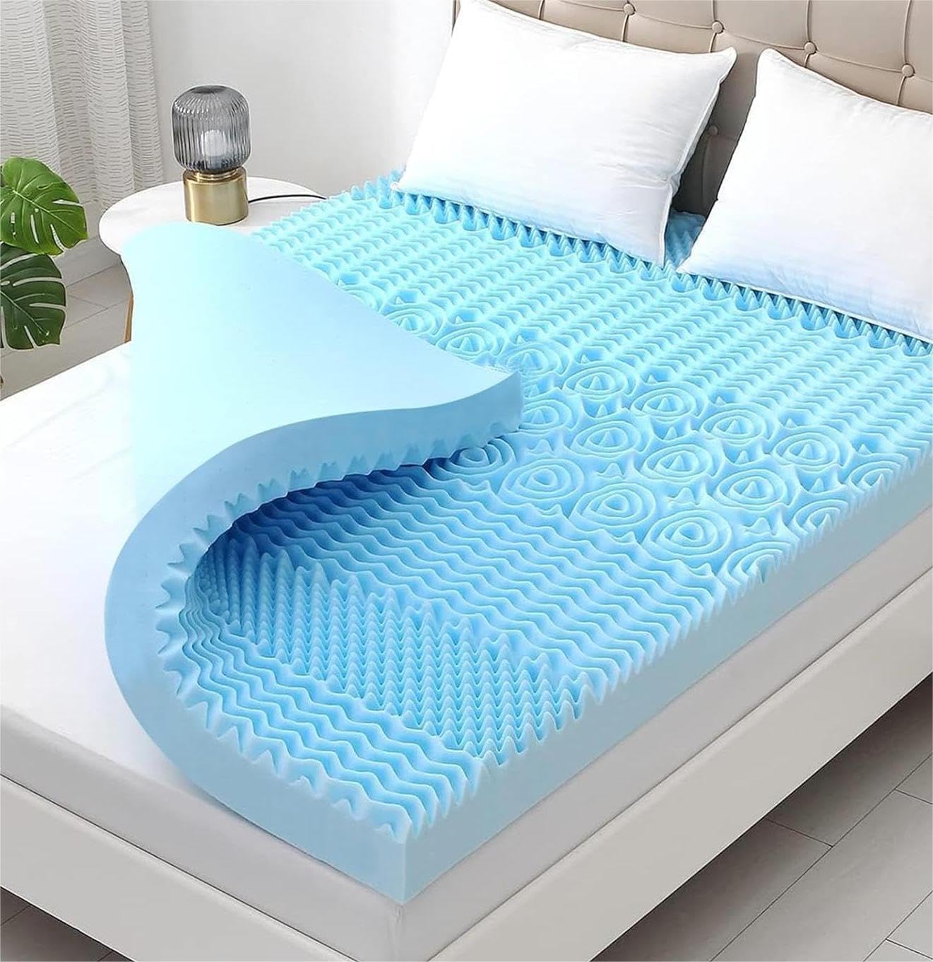YUGYVOB Mattress Topper Queen, Foam Queen Mattress Topper, Cooling Gel Infused Bed Topper, 7 Zone Egg Crate Foam, CertiPUR-US Certified, 2 Inch - Available at All In One Marketplace Canada