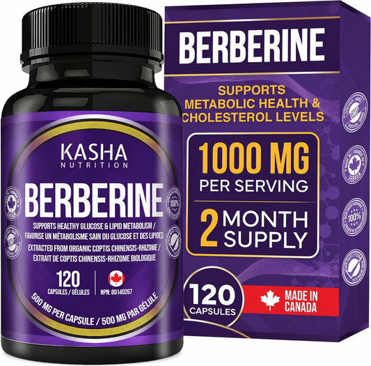 Maximum Strength Berberine Supplement 1000 mg Per Serving (500mg Per Capsule). Supports Healthy Glucose (Blood Sugar) and Lipid (Fats) Metabolism. Non-GMO, Vegan, Gluten-free. Bulk 120 Capsules. Proudly Canadian. Easy to Swallow. Kasha Nutrition - Available at All In One Marketplace Canada