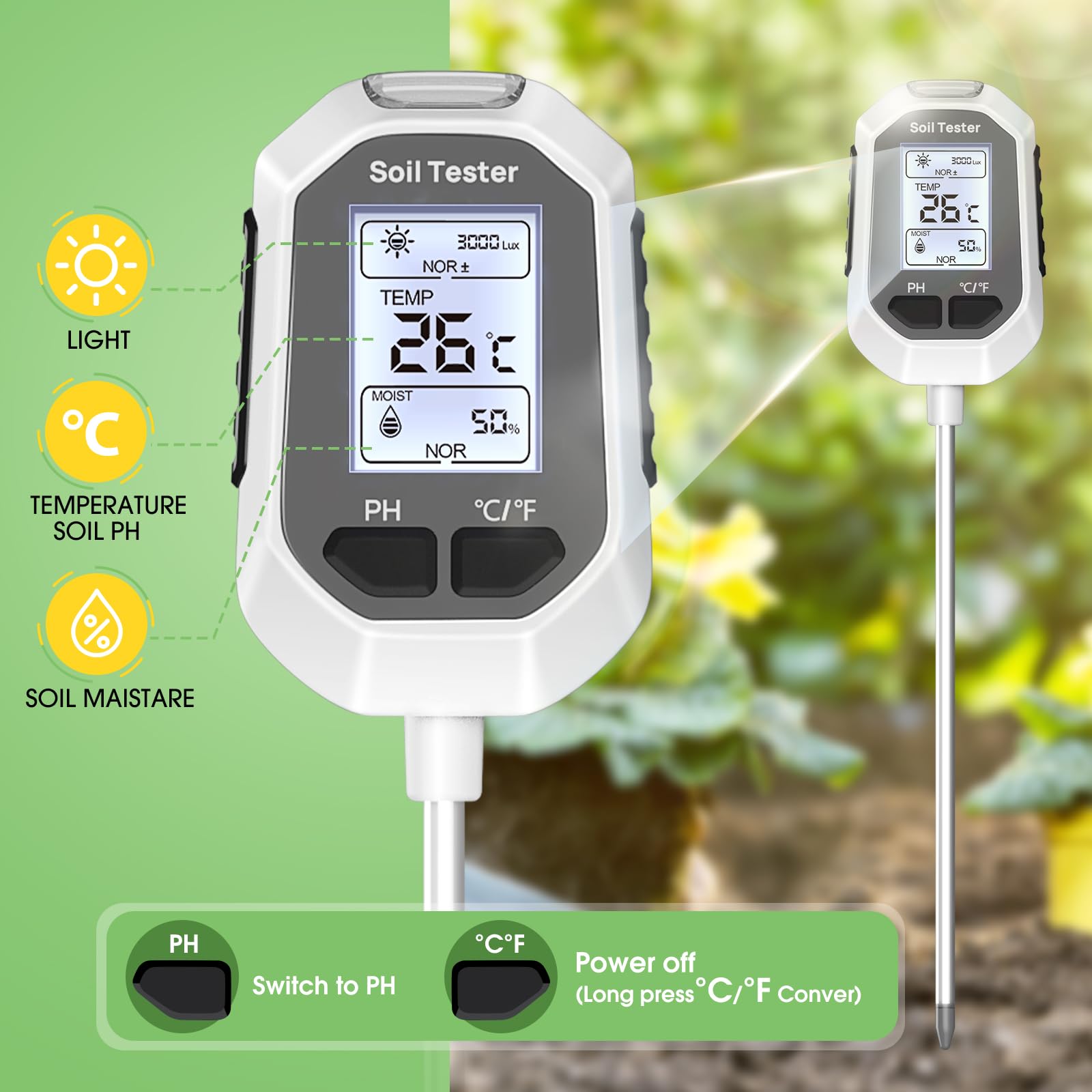 5-in-1 Soil Moisture Meter Digital Plant Temperature/Soil Moisture/PH Meter/Sunlight Intensity/Soil Fertility Backlight LCD Display Soil Test Meter for Gardening, Farming and Outdoor Plants - Available at All In One Marketplace Canada