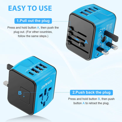 Universal International Travel Power Adapter, All in One Wall Charger with High Speed 2.4A 3xUSB, 3.0A Type-C, European Adapter, Worldwide AC Outlet Plugs for UK, EU, AU & Asia (Blue) - Available at All In One Marketplace Canada