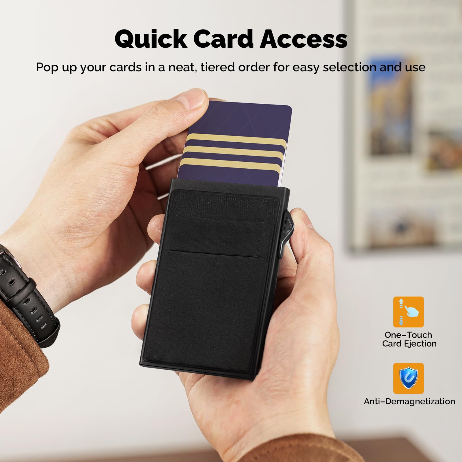 YESIIW Minimalist Pop up Card Holder Wallet for Men RFID Blocking | Slim Business Credit Card Wallet with Money Pocket | Aluminum Metal Bank Card Case for Notes and Coins and Debit Cards | Black