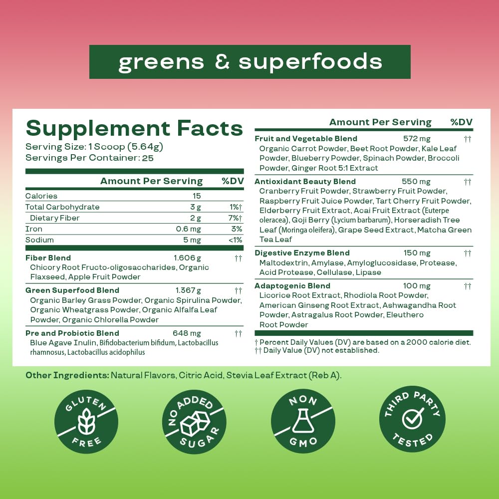 Bloom Nutrition Superfood Greens Powder, Digestive Enzymes with Probiotics and Prebiotics, Gut Health, Bloating Relief for Women, Chlorella, Juice Mix with Beet Root Powder, 25 SVG, Strawberry Kiwi - Available at All In One Marketplace Canada