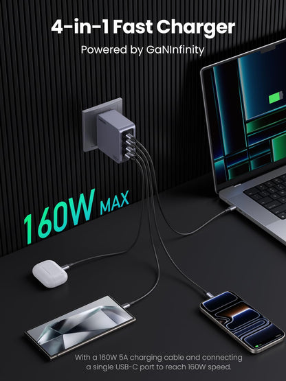 UGREEN Nexode Pro 160W USB C Charger, 4-Port PD3.1 140W GaN Charger Block Compact PPS Fast Charger for MacBook Pro M4, Pixelbook, XPS, iPad, iPhone 17 Pro Max, Galaxy S26 S25, Pixel 10, Steam Deck