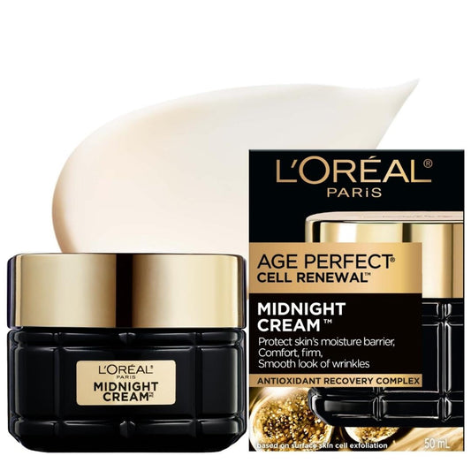 L'Oréal Paris Midnight Night Cream, Face Mositurizer with Vitamin E + Antioxidant Recovery Complex, Reduces look of Wrinkles, Firm & Comfort Skin, Age Perfect Cell Renewal, 50ml - Available at All In One Marketplace Canada