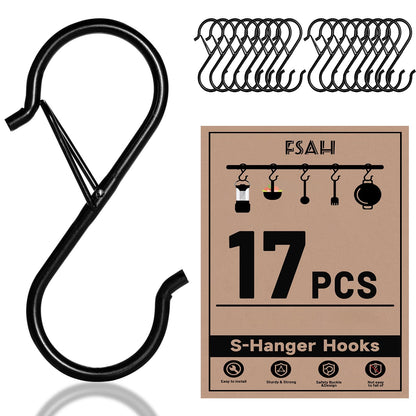 17 Pcs S Hooks for Hanging, Heavy Duty S Shaped Hooks Black, Kitchen Hooks, Closet Rod S Hanger Hooks for Plants, Pots, Towels and Bags, with Safety Buckle Design, 3.5 Inch - Available at All In One Marketplace Canada