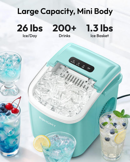 EUHOMY Countertop Ice Maker Machine with Handle, 26lbs Per Day, 9 Ice Cubes Ready in 6 Mins, Auto-Cleaning Portable Ice Maker with Basket and Scoop, for Home/Kitchen/Camping/RV (Green)