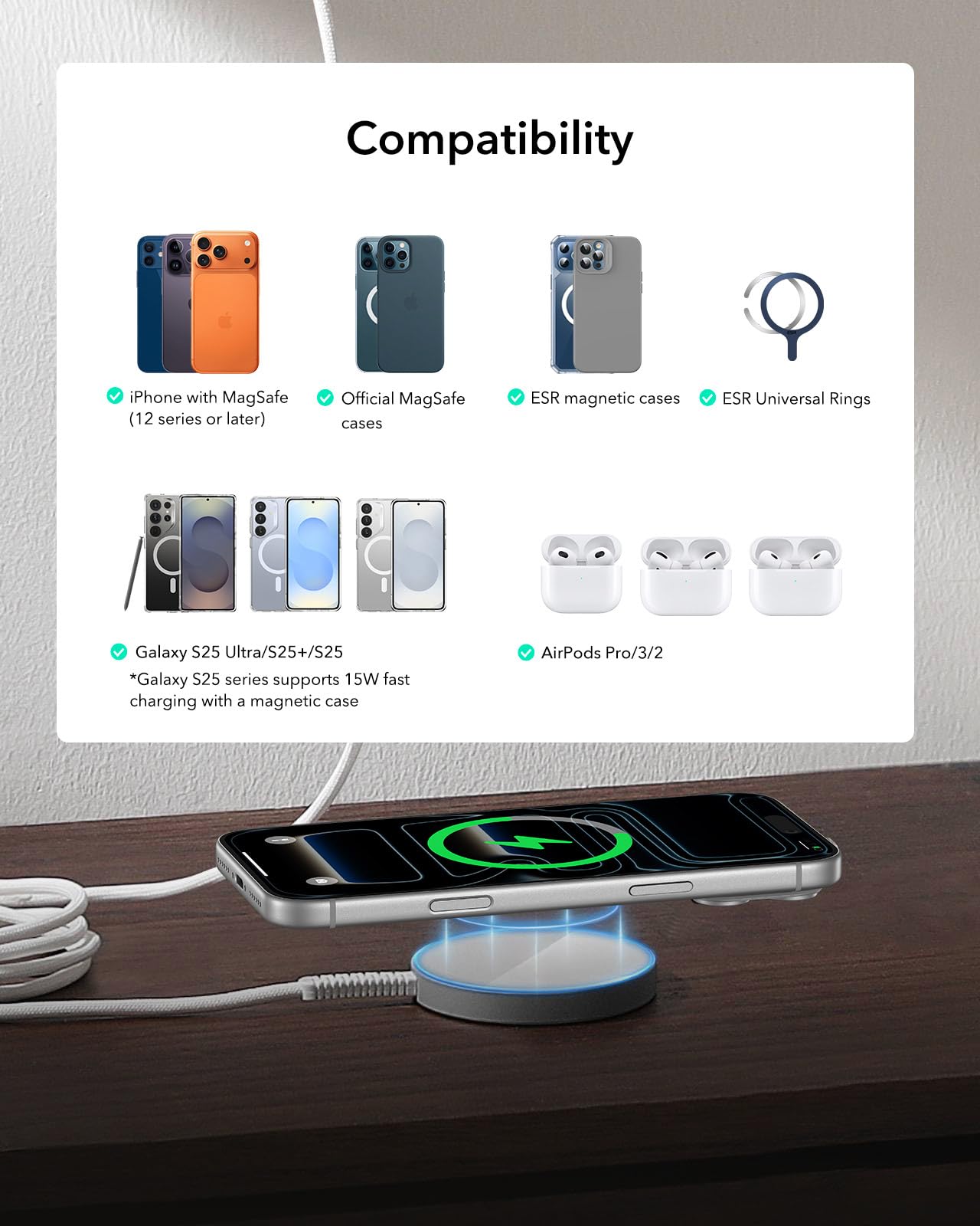 ESR Wireless Charger 15W with MagSafe, Compatible with iPhone 17/16/15/14/13/12 Series, MagSafe Accessories, Strong Magnetic Lock, Durable TPE Cable, 2 Pack, Silver 🍁 All In One Marketplace Canada