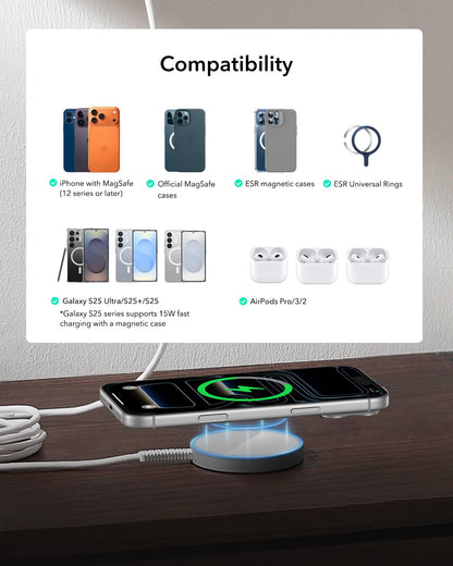 ESR Wireless Charger 15W with MagSafe, Compatible with iPhone 17/16/15/14/13/12 Series, MagSafe Accessories, Strong Magnetic Lock, Durable TPE Cable, 2 Pack, Silver 🍁 All In One Marketplace Canada