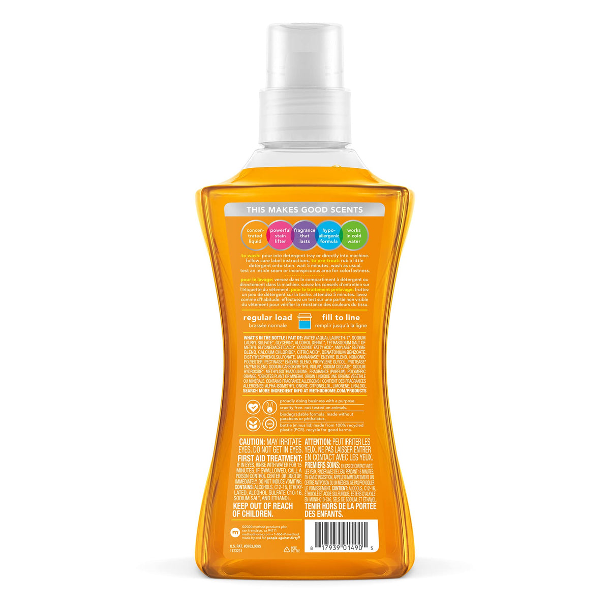 Method Liquid Laundry Detergent, Hypoallergenic + Biodegradable Formula, Plant-Based Stain Remover, Ginger Mango Scent, 66 Loads per 1.5 Liter Bottle, 4 Pack (264 Total Loads), Packaging May Vary