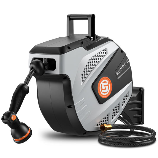 SUNPOW Retractable Garden Hose Reel - 1/2 inch x 50ft Wall Mounted Hose Reel with 3/4 inch Brass Fitting & 10 Function Sprayer Nozzle - Any Length Lock, Auto Rewind System, 180°Swivel Bracket - Grey - Available at All In One Marketplace Canada
