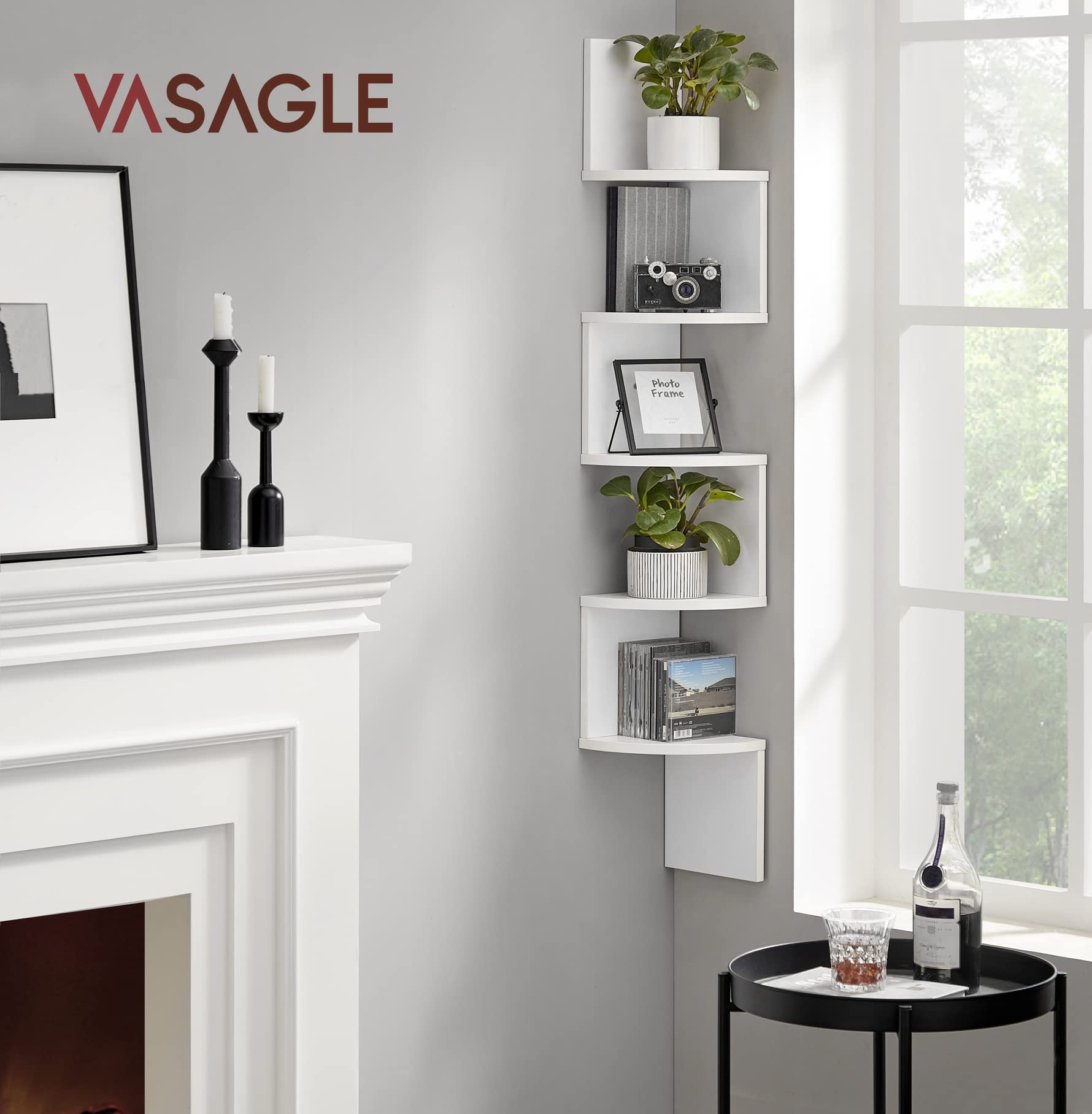 VASAGLE CUSTOS Collection - Corner Shelf Wall Mount, 5-Tier Floating Corner Bookshelf, Plant Shelf for Bedroom, Living Room, Bathroom, Home Office, Cloud White ULBC72WT VASAGLE