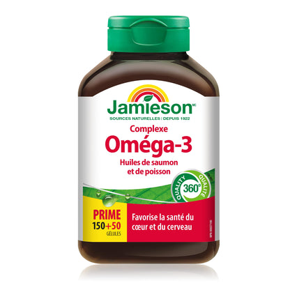 Jamieson Salmon and Fish Oil 1,000 mg Softgels, Bonus Size, Supports Heart and Brain Health. With Wild Salmon, EPA and DHA, Non-GMO, Gluten-Free, 200 Count, Proudly Canadian - Available at All In One Marketplace Canada