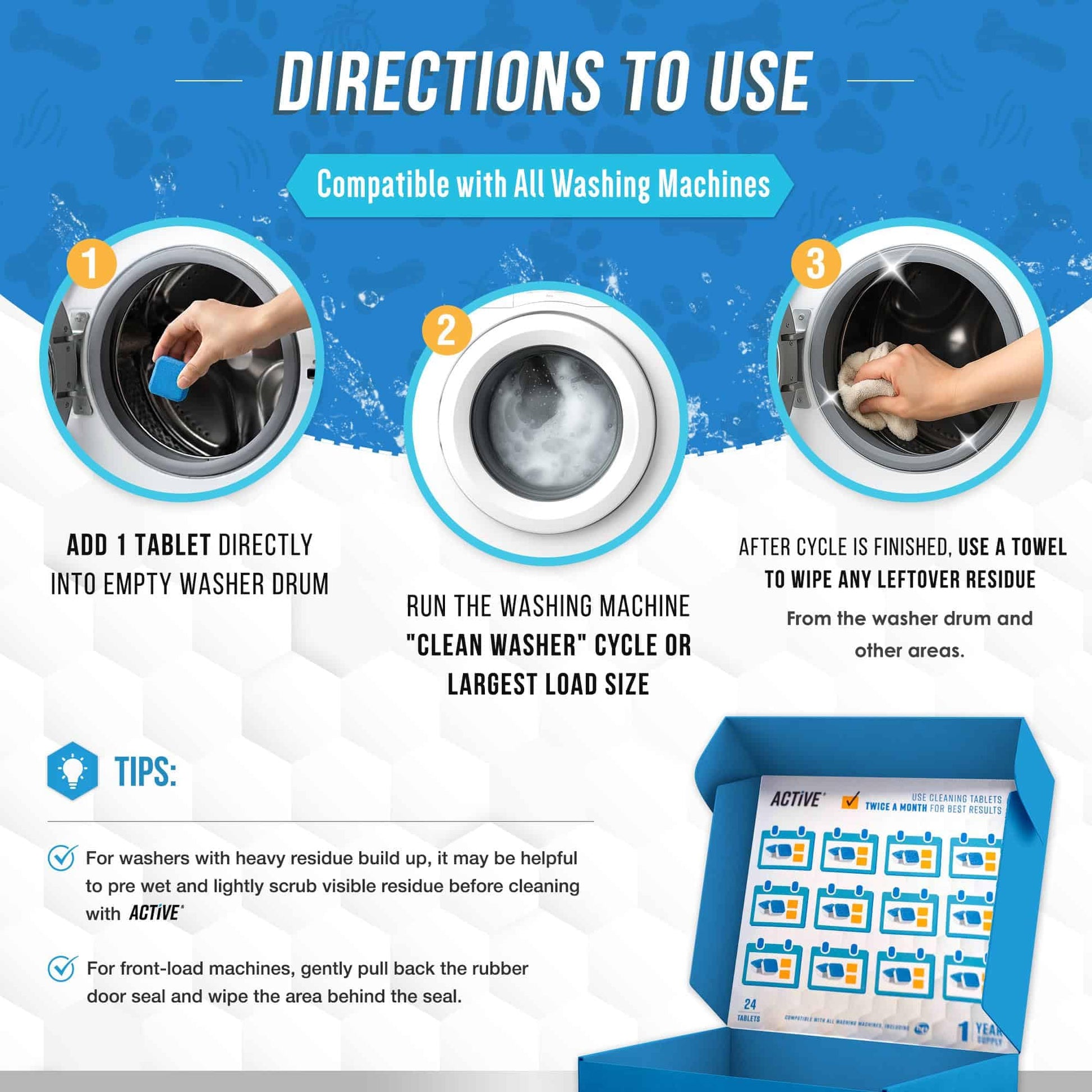 Washing Machine Cleaner for Pet Owners - ACTIVE Enzymatic Deep Clean Descaler for Cat & Dog Hair, Urine, Odor, Residue, 24 Septic-Safe Tablets for Top Load, Front Loader, HE Washer Tub - 1 Year Supply - Available at All In One Marketplace Canada