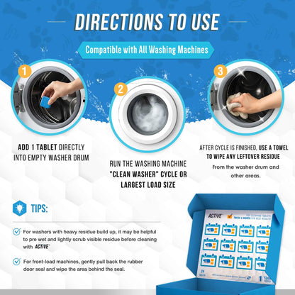 Washing Machine Cleaner for Pet Owners - ACTIVE Enzymatic Deep Clean Descaler for Cat & Dog Hair, Urine, Odor, Residue, 24 Septic-Safe Tablets for Top Load, Front Loader, HE Washer Tub - 1 Year Supply - Available at All In One Marketplace Canada
