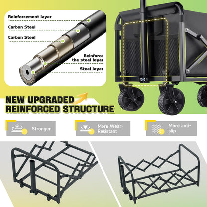 100KG Collapsible Foldable Wagon Carts - Heavy Duty Portable Folding Utility Wagons with All-Terrain Wheels for Grocery Sports Shopping Camping Garden Beach, 2 Drink Holders/Lightweight/Black - Available at All In One Marketplace Canada