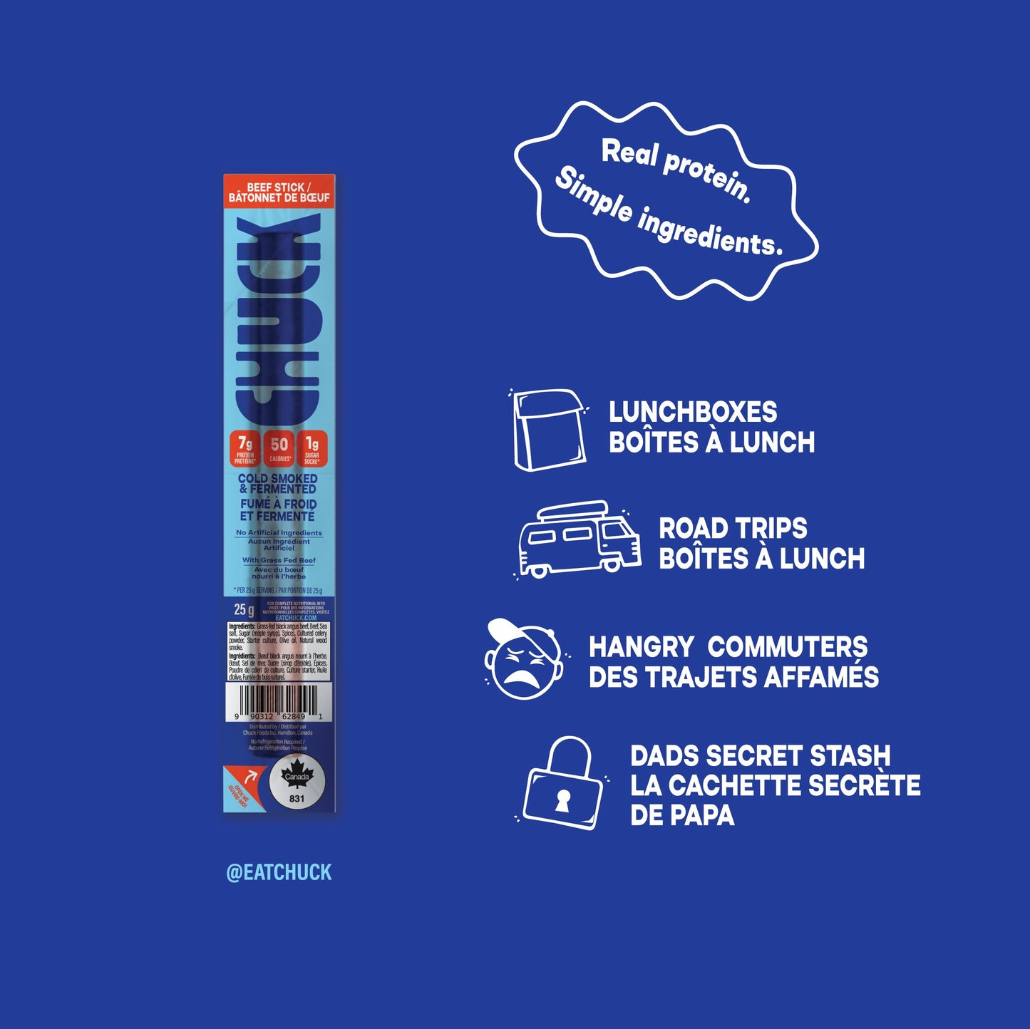 CHUCK Grass-Fed Beef Sticks - Family-Friendly Snack - 7g Protein Per Stick, Keto & Paleo, Gluten-Free, Low Sugar, Canadian Made, Non-GMO - 10 Pack