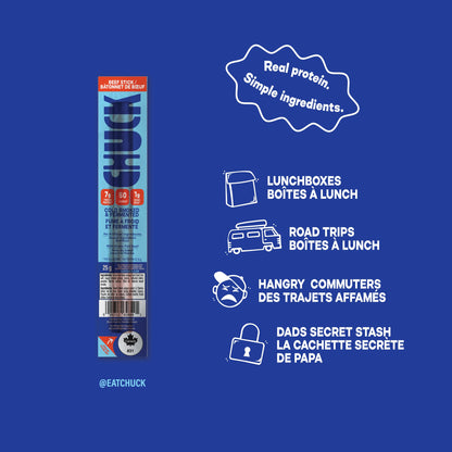 CHUCK Grass-Fed Beef Sticks - Family-Friendly Snack - 7g Protein Per Stick, Keto & Paleo, Gluten-Free, Low Sugar, Canadian Made, Non-GMO - 10 Pack