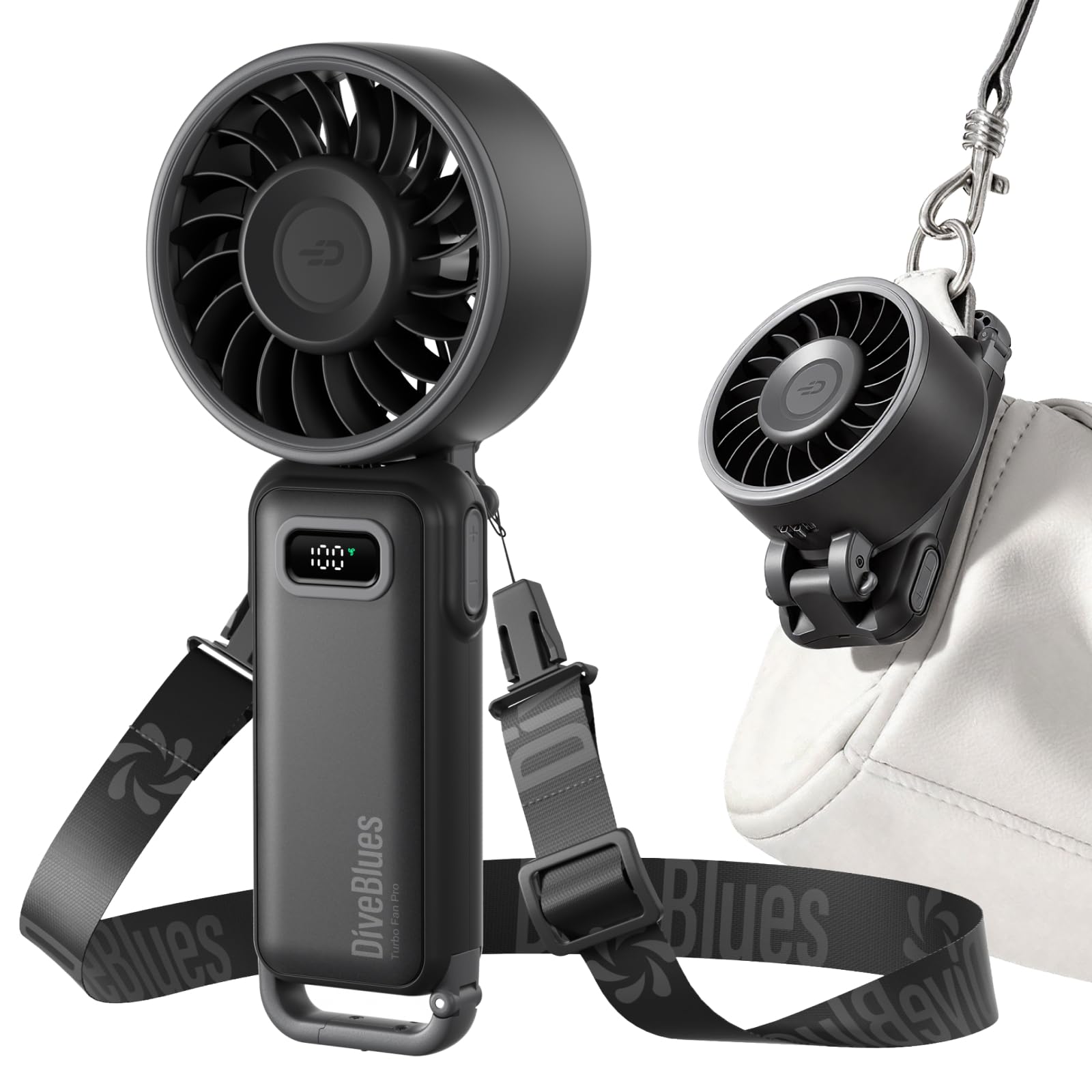 Diveblues Turbo Portable Fan, 3X Powerful Airflow, 1-100 Speed, 4-in-1 Handheld Fan Mini Fan with Carabiner Clip, Up to 12H Cooling for Travel, Gifts for Women, Travel Essentials, Airplane Gadgets - Available at All In One Marketplace Canada