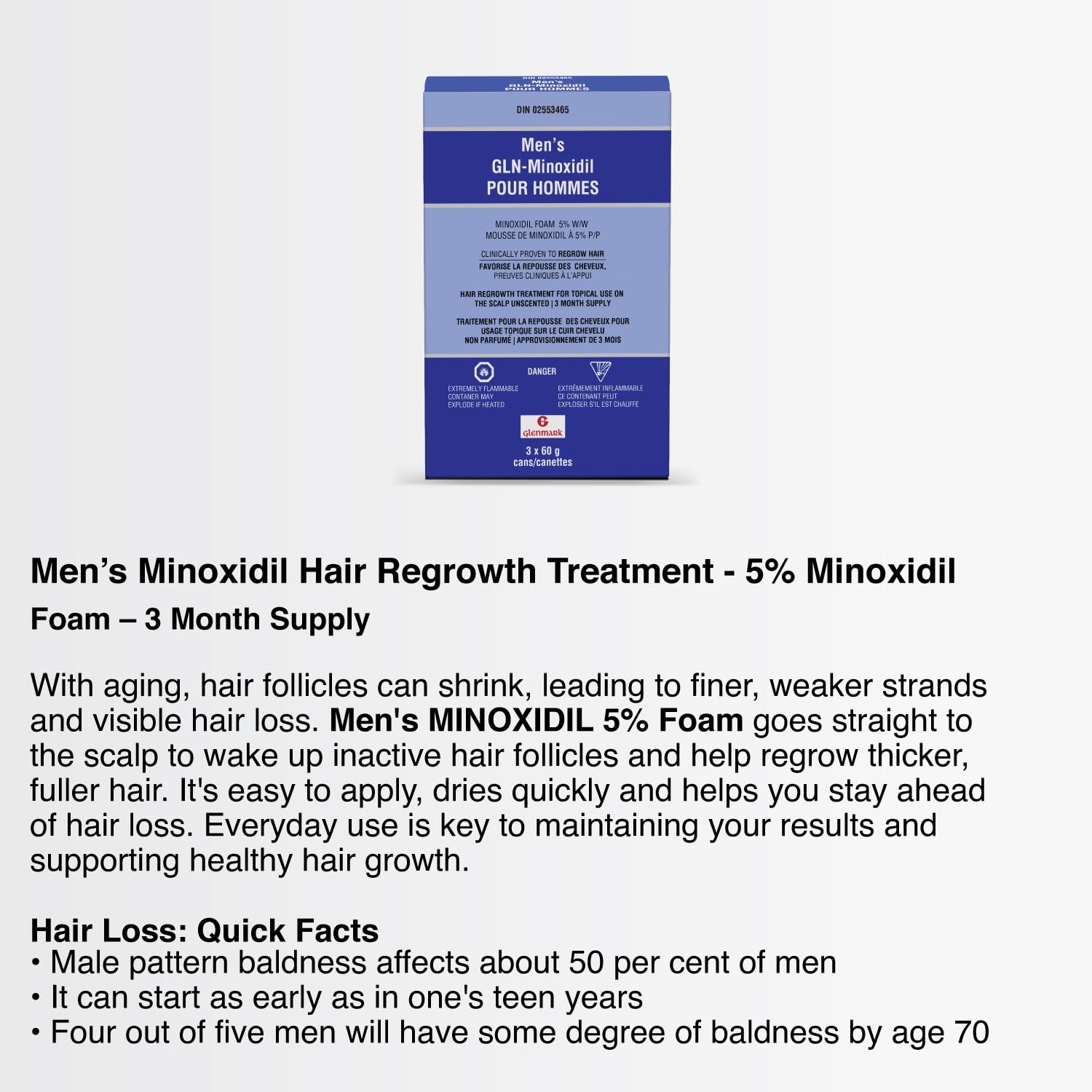Glenmark | Minoxidil 5% Hair Regrowth Foam for Men, Aerosol Can, 3 Month Treatment (180 gr) – Mess-Free, Fast-Drying Formula for Thinning Hair & Hair Loss – Reactivates Follicles