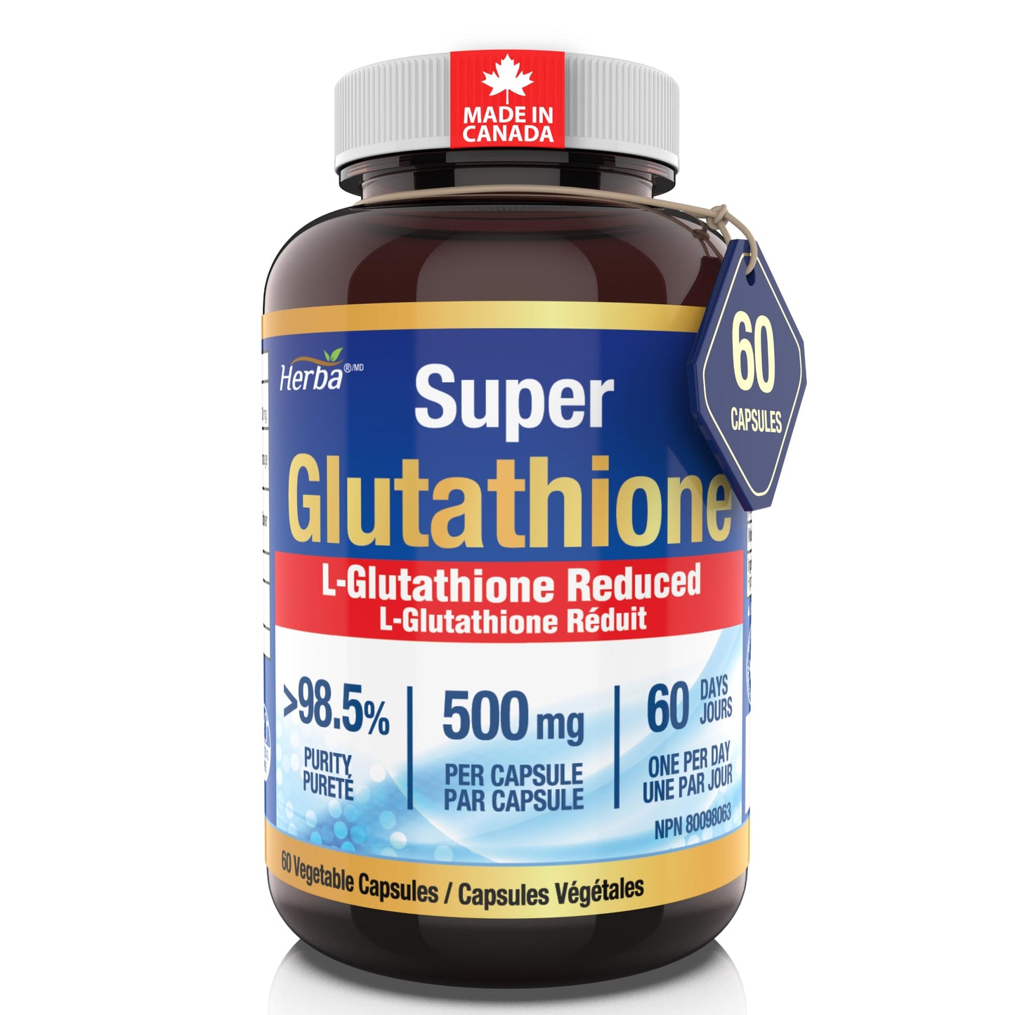 Herba Glutathione Supplement 500mg - 60 Vegetable Capsules | L Glutathione Reduced Active Form | Super Glutathione 500mg Capsule for Antioxidants | >98.5% Purity | Made in Canada - Available at All In One Marketplace Canada