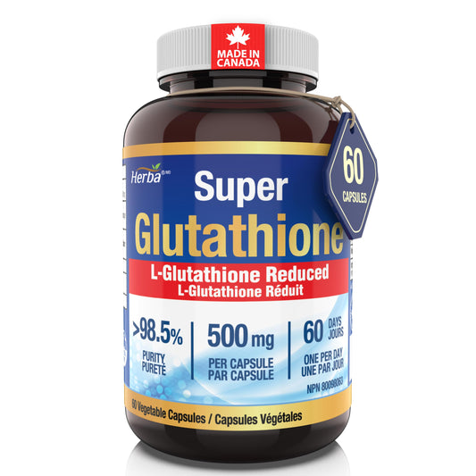 Herba Glutathione Supplement 500mg - 60 Vegetable Capsules | L Glutathione Reduced Active Form | Super Glutathione 500mg Capsule for Antioxidants | >98.5% Purity | Made in Canada - Available at All In One Marketplace Canada