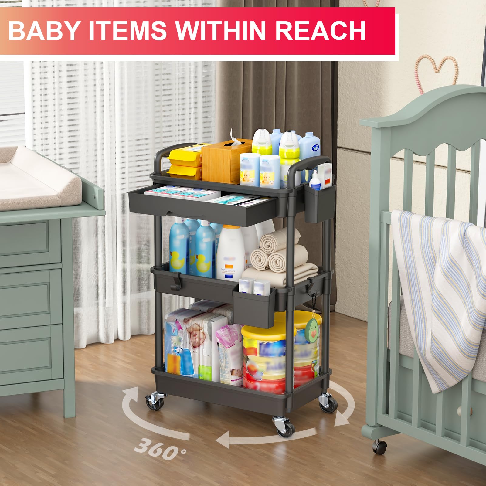 Goovilla 3 Tier Rolling Utility Cart Organizer with Removable Drawer, Stable and Sturdy Black Rolling Storage Carts with 2 Lockable Wheels for Bathroom, Kitchen, Snack, Craft, Makeup, Baby Essentials - Available at All In One Marketplace Canada