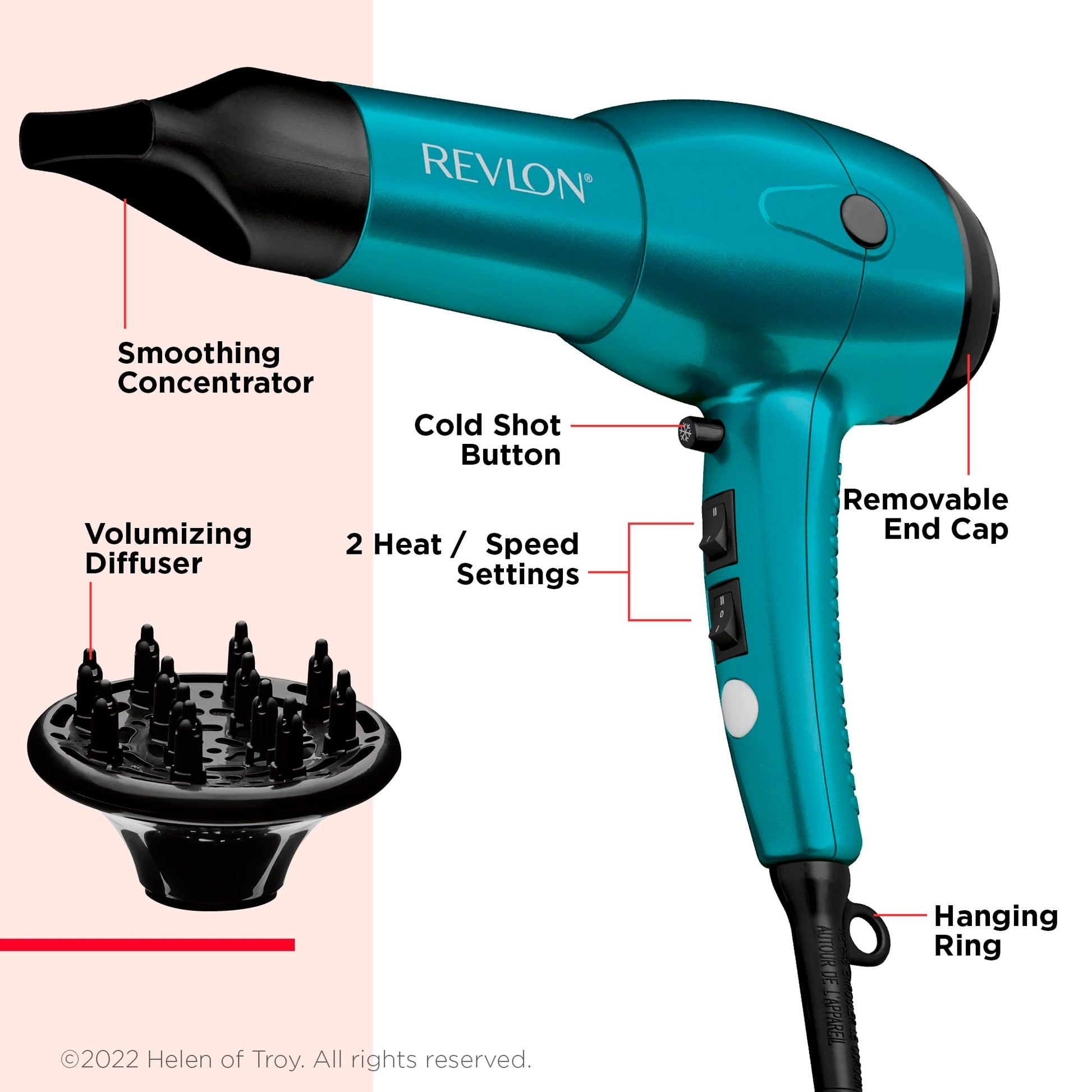 Revlon RV544FBLF Advanced Ionic Technology™ Hair Dryer with Diffuser, Powerful, Hair Dryer with Concentrator, Quick Dry, Lightweight, 2 Heat/Speed Settings, Less Frizz, Shiny and Smooth Hair, Blue - Available at All In One Marketplace Canada