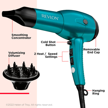 Revlon RV544FBLF Advanced Ionic Technology™ Hair Dryer with Diffuser, Powerful, Hair Dryer with Concentrator, Quick Dry, Lightweight, 2 Heat/Speed Settings, Less Frizz, Shiny and Smooth Hair, Blue - Available at All In One Marketplace Canada