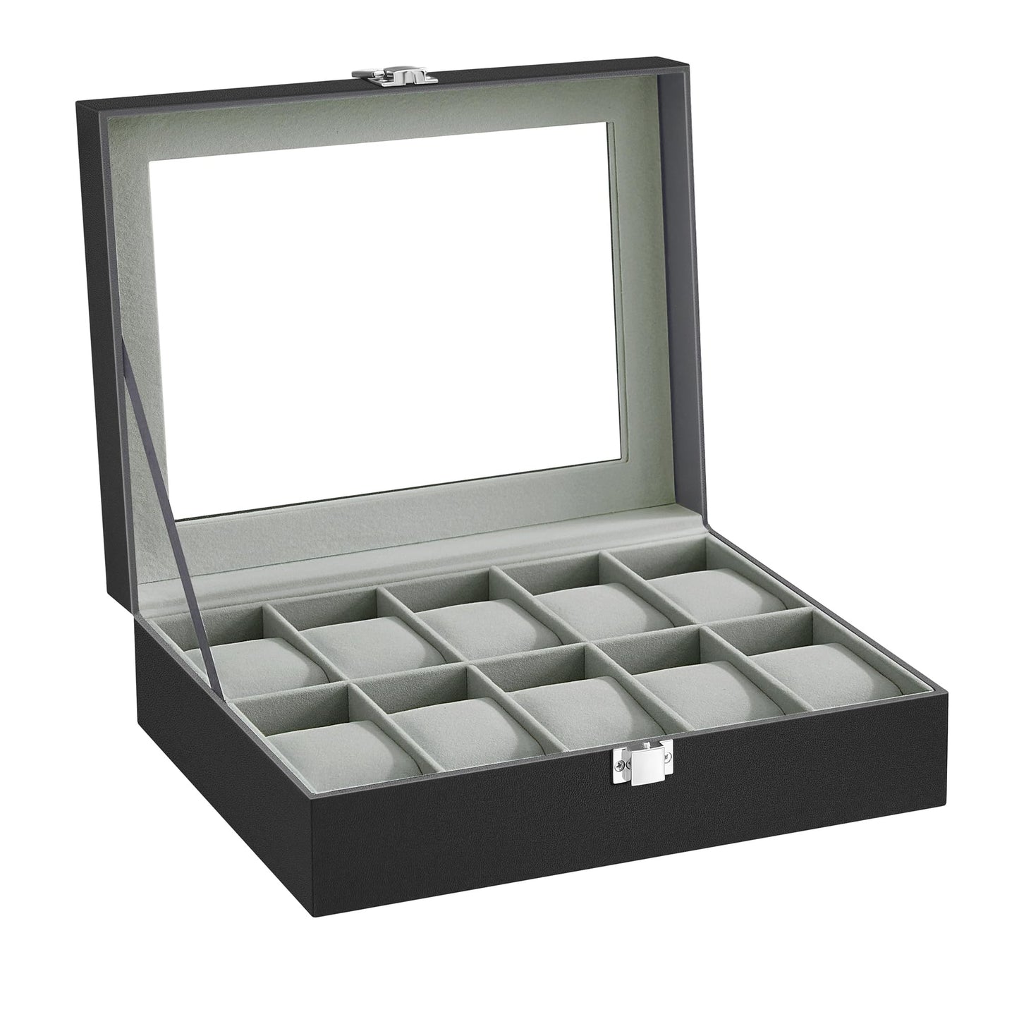 SONGMICS Watch Box, 10-Slot Watch Case Organizer with Large Glass Lid, Removable Pillows, Gift for Loved Ones, Black Synthetic Leather, Gray Lining UJWB010BK SONGMICS