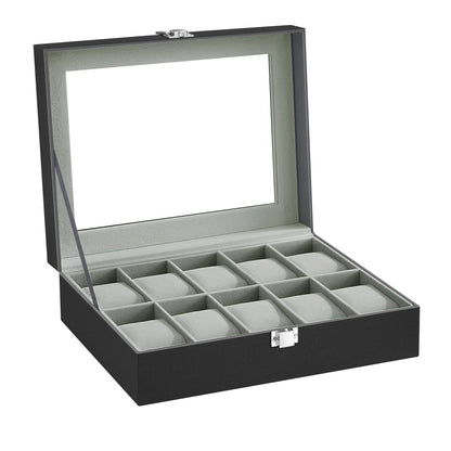 SONGMICS Watch Box, 10-Slot Watch Case Organizer with Large Glass Lid, Removable Pillows, Gift for Loved Ones, Black Synthetic Leather, Gray Lining UJWB010BK SONGMICS